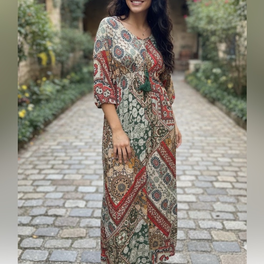 One World Multicolor Patchwork Boho Maxi Dress - image 1